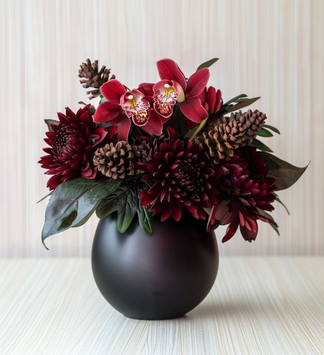 Winter Luxury · Elegant Bloom | Burgundy Chrysanthemum & Orchid Floral Arrangement